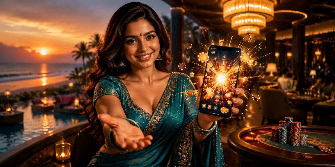 Woman holding mobile phone on Goa beach displaying casino app