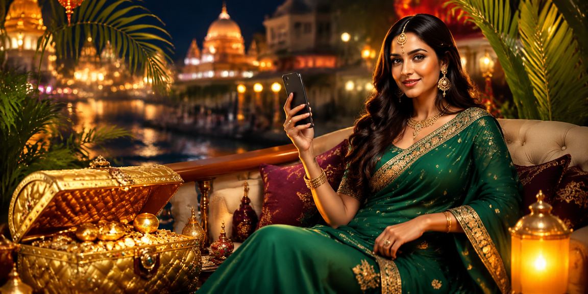 Festive woman in traditional saree enjoying online casino promotion